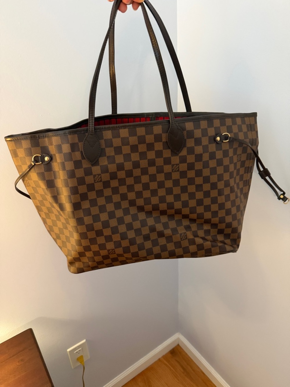 Louis Vuitton Brown Damier Ebene Tote with Red Lining